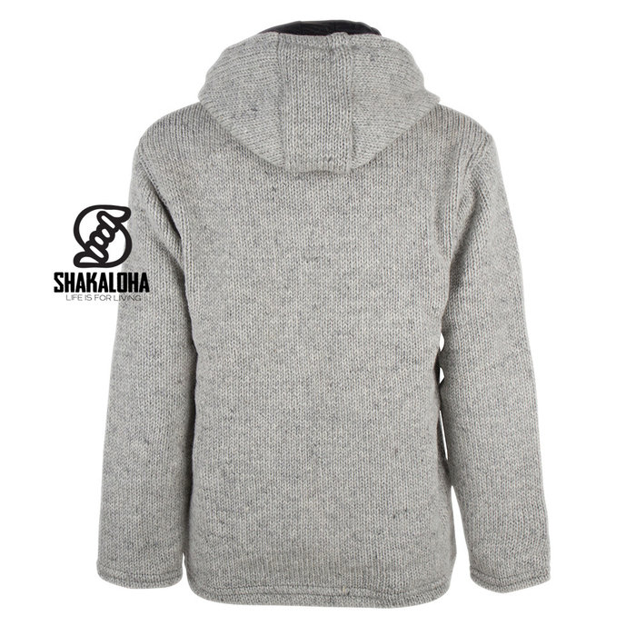 Shakaloha Chaleco de lana de punto Shakaloha, gris, con cortavientos de nailon y capucha desmontable - Hombre/Unisex - Hecho a mano en Nepal con lana de oveja