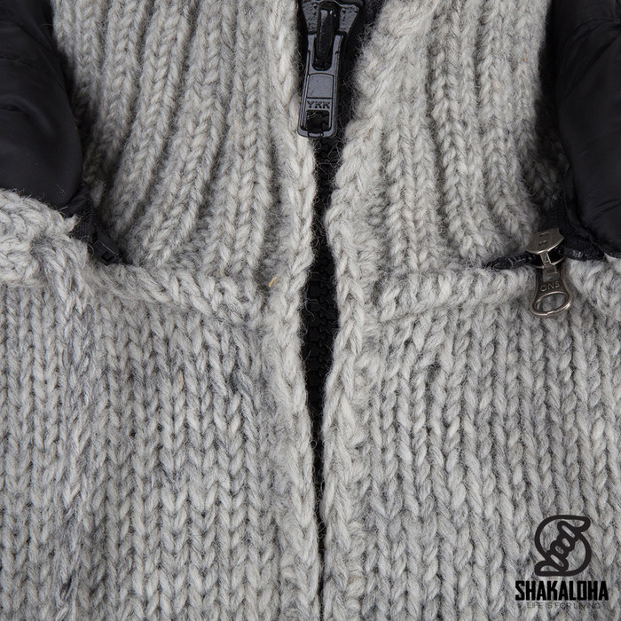 Shakaloha Shakaloha Strick-Wollweste Breaker Grau mit Nylon-Windstopper und abnehmbarer Kapuze – Herren/Uni – Handgefertigt in Nepal aus Schafwolle