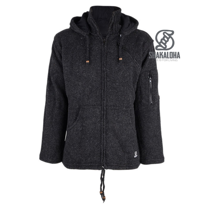 Shakaloha Cárdigan de punto Shakaloha de lana con capucha y cremallera, color antracita, forro de algodón y capucha desmontable - Hombre/Unisex - Hecho a mano en Nepal con lana de oveja
