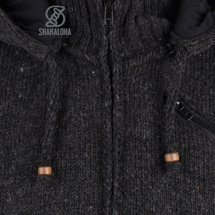 Shakaloha Shakaloha Knitted Woolen Jacket Cruiser Ziphood Anthracite with Cotton Lining and Detachable Hood - Men - Unisex - Handmade in Nepal from sheep's wool