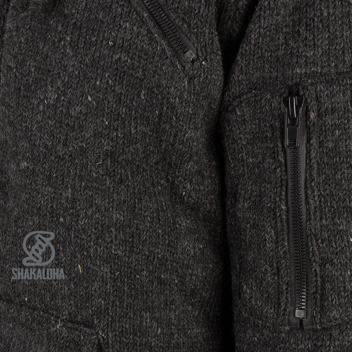 Shakaloha Shakaloha Knitted Woolen Jacket Cruiser Ziphood Anthracite with Cotton Lining and Detachable Hood - Men - Unisex - Handmade in Nepal from sheep's wool