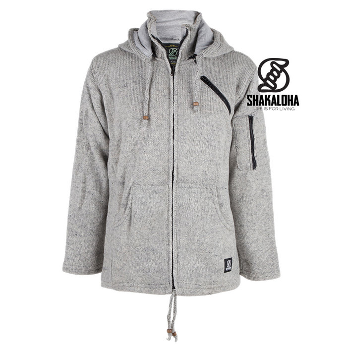 Shakaloha Shakaloha Gebreid Wollen Vest Cruiser Ziphood Grijs met Katoenen Voering en Afneembare Capuchon - Man/Uni - Handgemaakt in Nepal van Schapenwol