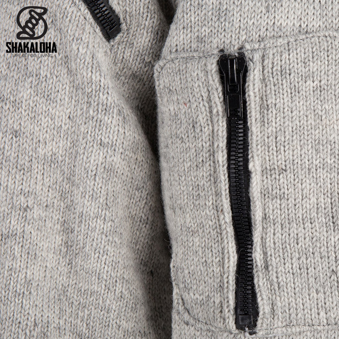 Shakaloha Shakaloha Knitted Woolen Jacket Cruiser Ziphood Gray with Cotton Lining and Detachable Hood - Men - Unisex - Handmade in Nepal from sheep's wool