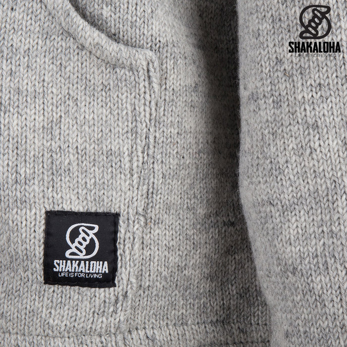 Shakaloha Shakaloha Gestrickte Woll-Cruiser-Weste mit Reißverschluss und Kapuze in Grau mit Baumwollfutter und abnehmbarer Kapuze – Herren/Uni – Handgefertigt in Nepal aus Schafwolle
