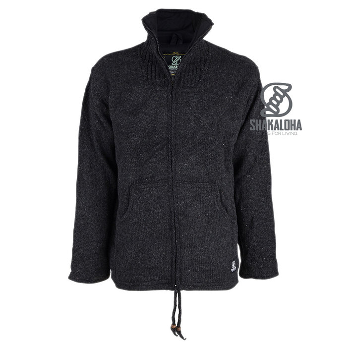 Shakaloha Shakaloha Veste en Laine Tricoté Flyer Collar Anthracite avec Doublure en coton et Col haut - Hommes - Uni - Fabriqué à la main au Népal en laine de mouton