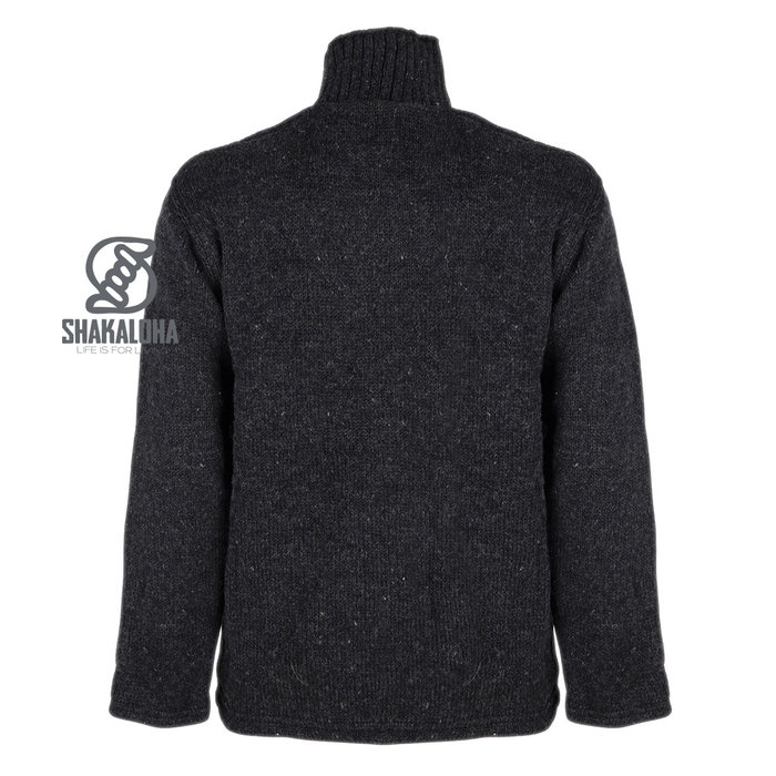 Shakaloha Shakaloha Knitted Woolen Jacket Flyer Collar Anthracite with Cotton Lining and High Collar - Men - Unisex - Handmade in Nepal from sheep's wool