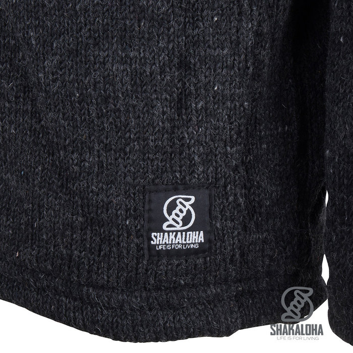 Shakaloha Shakaloha Knitted Woolen Jacket Flyer Collar Anthracite with Cotton Lining and High Collar - Men - Unisex - Handmade in Nepal from sheep's wool