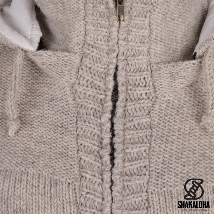 Shakaloha Shakaloha Knitted Wool Cardigan Brizo ZH Beige Cream with Fleece Lining and Hood - Women - Handmade in Nepal from Sheep Wool