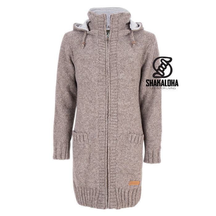 Shakaloha Shakaloha Gebreid Wollen Vest Brizo ZH Licht Bruin Taupe met Fleece Voering en Capuchon - Dames - Handgemaakt in Nepal van Schapenwol