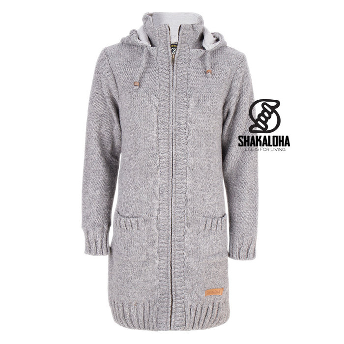 Shakaloha Shakaloha Gebreid Wollen Vest Brizo ZH Grijs met Fleece Voering en Capuchon - Dames - Handgemaakt in Nepal van Schapenwol