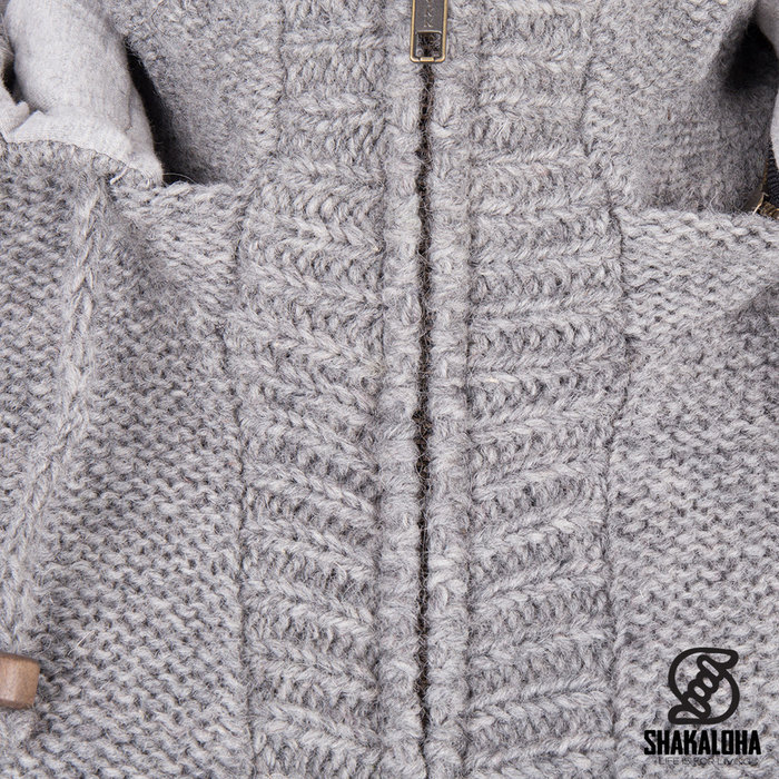 Shakaloha Shakaloha Gebreid Wollen Vest Brizo ZH Grijs met Fleece Voering en Capuchon - Dames - Handgemaakt in Nepal van Schapenwol