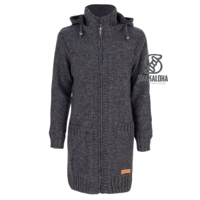 Shakaloha Shakaloha Gebreid Wollen Vest Brizo ZH Antraciet met Fleece Voering en Capuchon - Dames - Handgemaakt in Nepal van Schapenwol