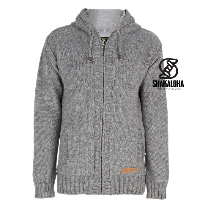 Shakaloha Shakaloha Knitted Woolen Jacket Quantum Gray with Cotton Lining and Hood - Men - Unisex - Handmade in Nepal from sheep's wool