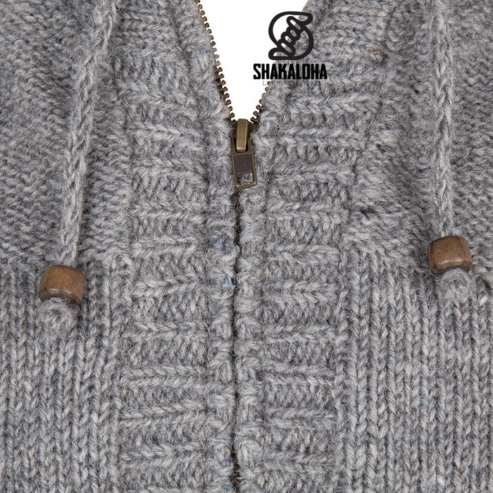 Shakaloha Chaleco de punto de lana Shakaloha Quantum Grey con forro de algodón y capucha - Hombre/Unisex - Hecho a mano en Nepal con lana de oveja