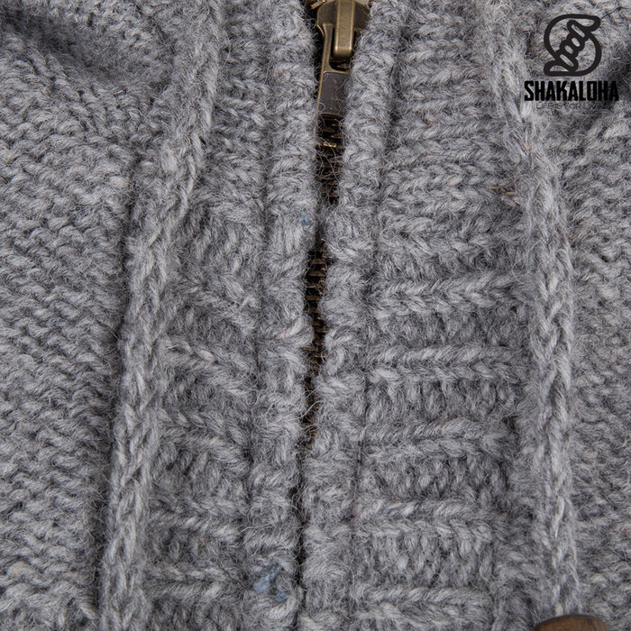 Shakaloha Chaleco de punto de lana Shakaloha Quantum Grey con forro de algodón y capucha - Hombre/Unisex - Hecho a mano en Nepal con lana de oveja
