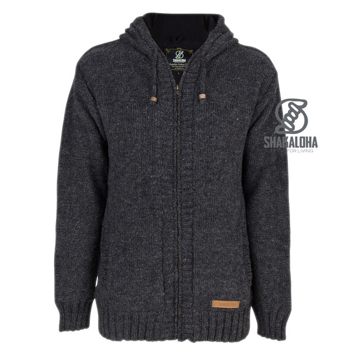 Shakaloha Shakaloha Knitted Woolen Jacket Quantum Anthracite with Cotton Lining and Hood - Men - Unisex - Handmade in Nepal from sheep's wool