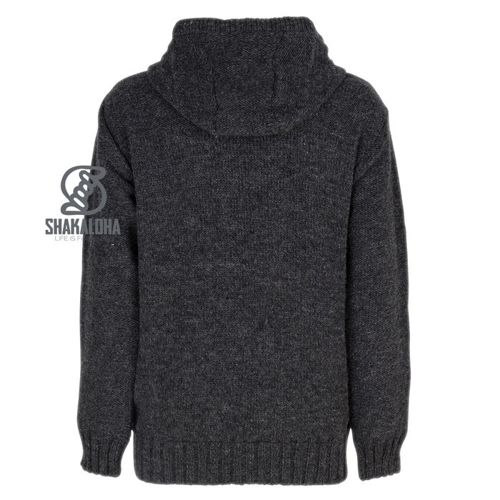 Shakaloha Shakaloha Knitted Woolen Jacket Quantum Anthracite with Cotton Lining and Hood - Men - Unisex - Handmade in Nepal from sheep's wool