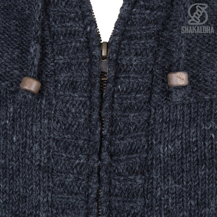 Shakaloha Shakaloha Knitted Woolen Jacket Quantum Anthracite with Cotton Lining and Hood - Men - Unisex - Handmade in Nepal from sheep's wool
