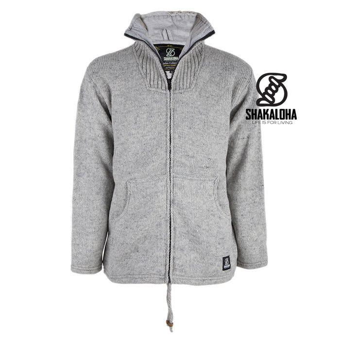 Shakaloha Shakaloha Knitted Woolen Jacket Flyer Collar Gray with Cotton Lining and High Collar - Men - Unisex - Handmade in Nepal from sheep's wool