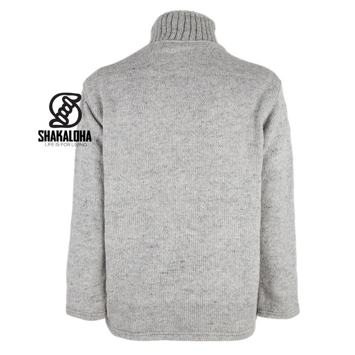 Shakaloha Shakaloha Knitted Woolen Jacket Flyer Collar Gray with Cotton Lining and High Collar - Men - Unisex - Handmade in Nepal from sheep's wool
