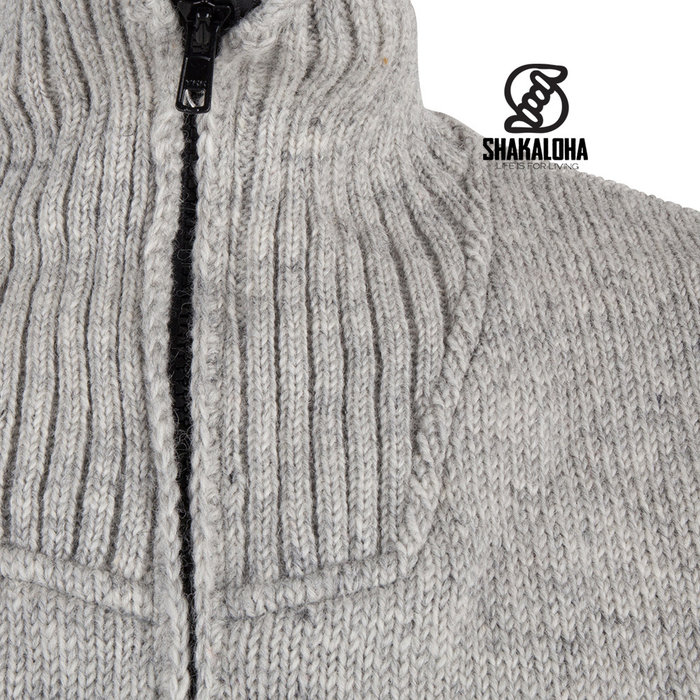Shakaloha Shakaloha Knitted Woolen Jacket Flyer Collar Gray with Cotton Lining and High Collar - Men - Unisex - Handmade in Nepal from sheep's wool