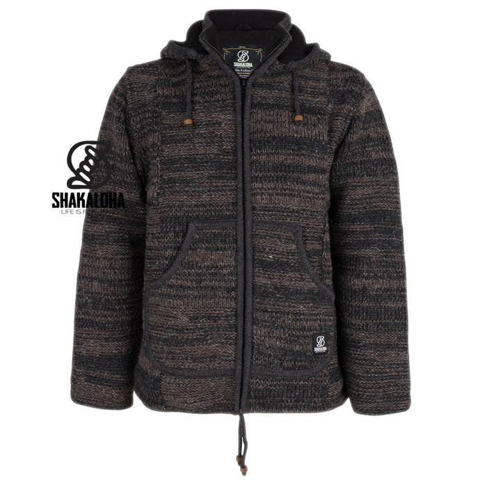 Shakaloha Chaleco de punto de lana Shakaloha Buster ZH antracita marrón oscuro con forro polar y capucha desmontable - Hombre/Unisex - Hecho a mano en Nepal con lana de oveja