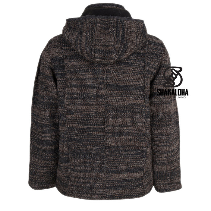 Shakaloha Shakaloha Knitted Woolen Jacket Buster ZH Anthracite Dark Brown with Fleece Lining and Detachable Hood - Men - Unisex - Handmade in Nepal from sheep's wool