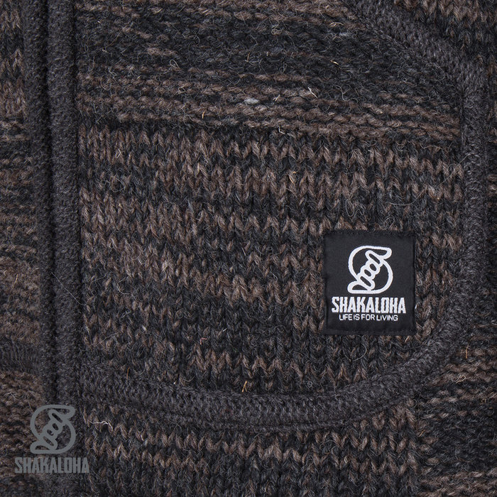 Shakaloha Shakaloha Knitted Woolen Jacket Buster ZH Anthracite Dark Brown with Fleece Lining and Detachable Hood - Men - Unisex - Handmade in Nepal from sheep's wool