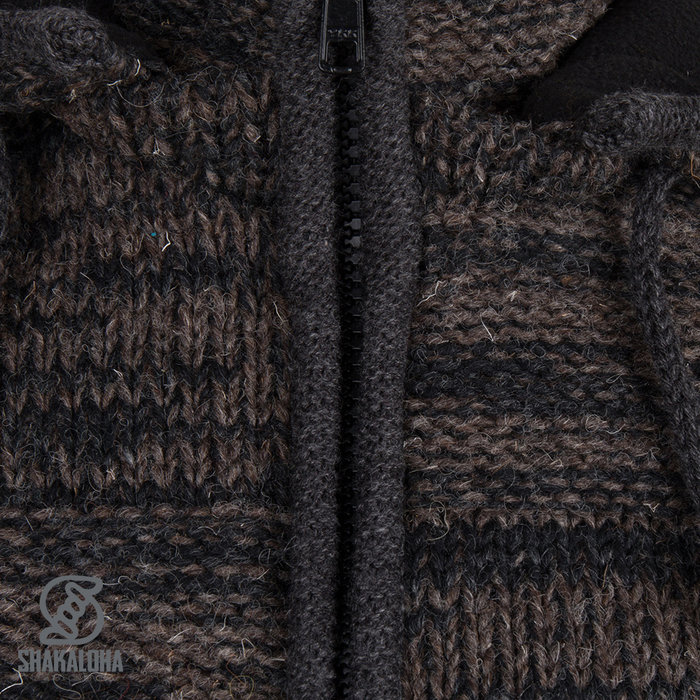 Shakaloha Shakaloha Gebreid Wollen Vest Buster ZH Antraciet Donker Bruin met Fleece Voering en Afneembare Capuchon - Man/Uni - Handgemaakt in Nepal van Schapenwol