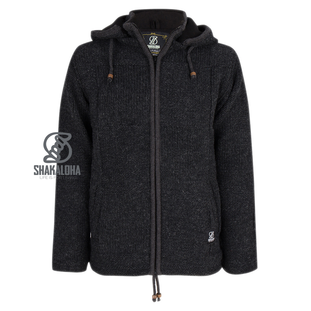 Shakaloha Chaleco de punto de lana Shakaloha Blaster ZH antracita con forro polar y capucha desmontable - Hombre/Unisex - Hecho a mano en Nepal con lana de oveja