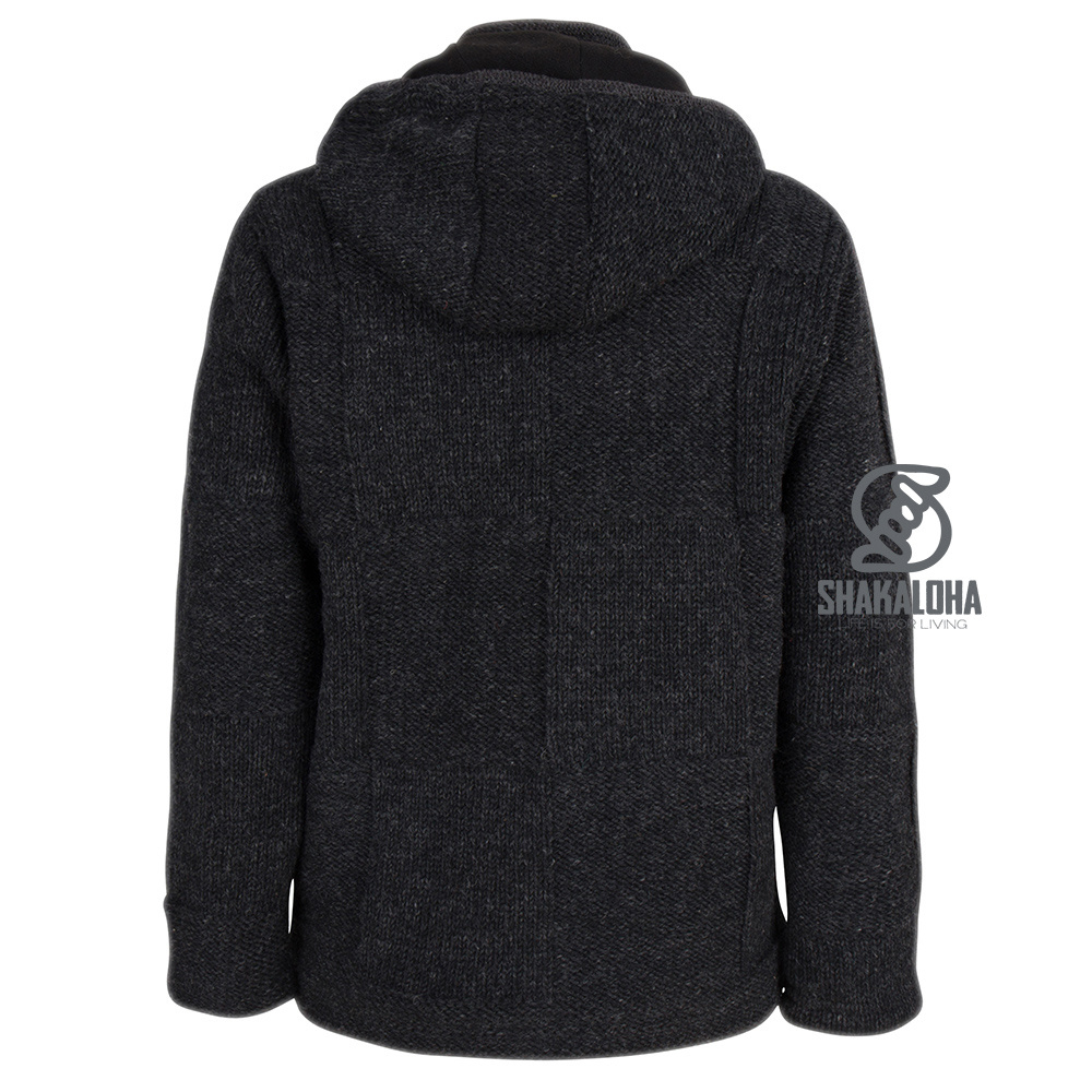 Shakaloha Shakaloha Knitted Woolen Jacket Blaster ZH Anthracite with Fleece Lining and Detachable Hood - Men - Unisex - Handmade in Nepal from sheep's wool