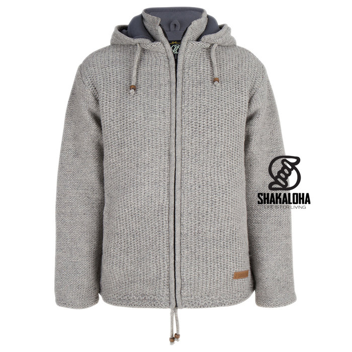 Shakaloha Shakaloha Knitted Woolen Jacket Maverick ZH Gray with Fleece Lining and Detachable Hood - Men - Unisex - Handmade in Nepal from sheep's wool