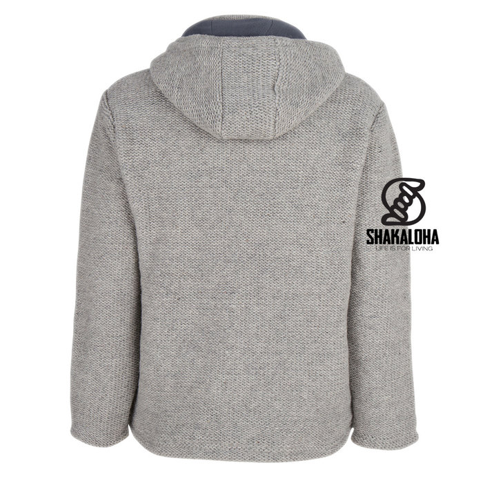 Shakaloha Chaleco de punto de lana Shakaloha Maverick ZH gris con forro polar y capucha desmontable - Hombre/Unisex - Hecho a mano en Nepal con lana de oveja