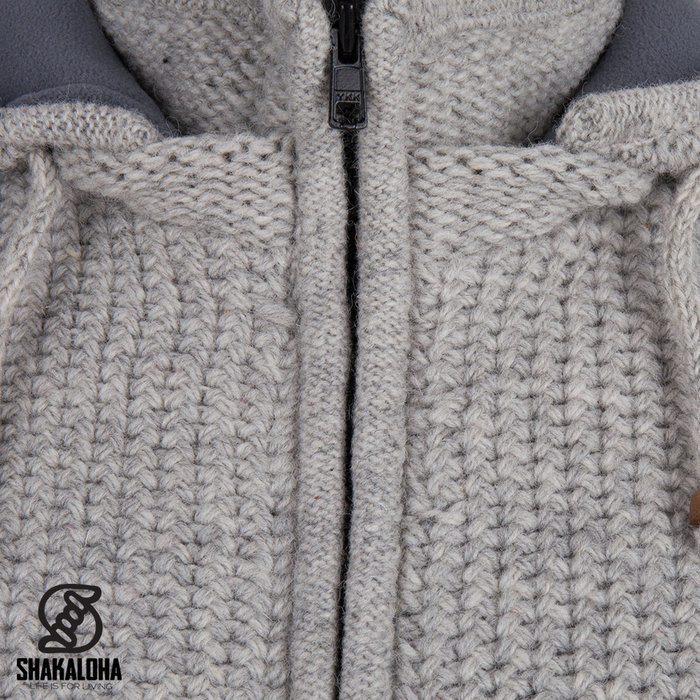 Shakaloha Shakaloha Knitted Woolen Jacket Maverick ZH Gray with Fleece Lining and Detachable Hood - Men - Unisex - Handmade in Nepal from sheep's wool