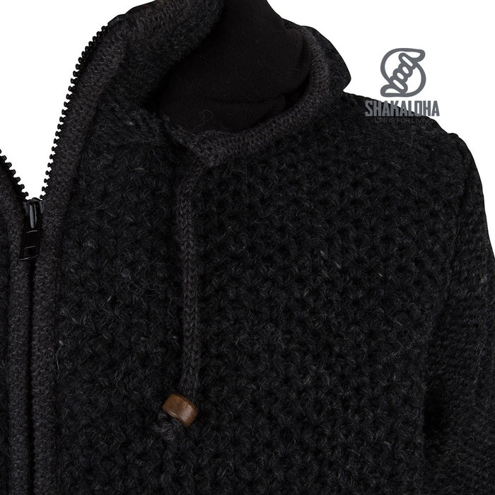 Shakaloha Shakaloha Knitted Woolen Jacket Maverick ZH Anthracite with Fleece Lining and Detachable Hood - Men - Unisex - Handmade in Nepal from sheep's wool