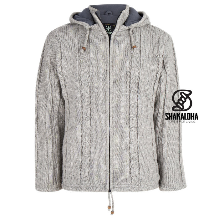 Shakaloha Chaleco de punto de lana Shakaloha Plata ZH Gris con forro polar y capucha desmontable - Hombre/Unisex - Hecho a mano en Nepal con lana de oveja