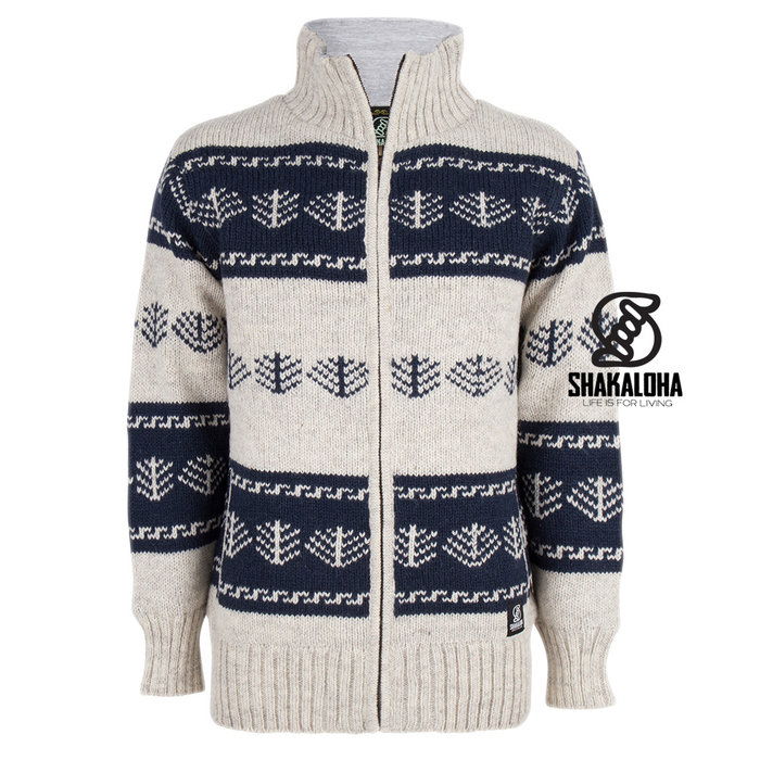 Shakaloha Chaleco de punto Shakaloha de lana color beige pino y crema con forro polar y cuello alto - Hombre/Unisex - Hecho a mano en Nepal con lana de oveja