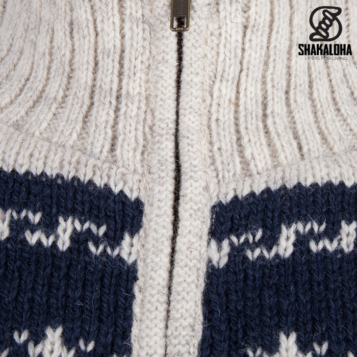 Shakaloha Shakaloha Knitted Wool Cardigan Pine Beige Cream with Fleece Lining and High Collar - Man/Uni - Handmade in Nepal from Sheep Wool