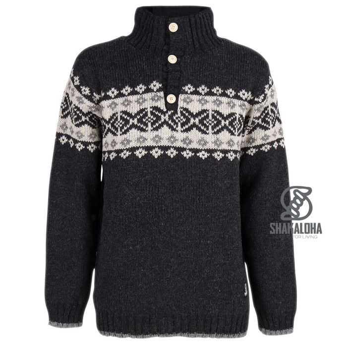 Shakaloha Chaleco de punto de lana Shakaloha Verge antracita con forro de algodón y cuello alto - Hombre/Unisex - Hecho a mano en Nepal con lana de oveja