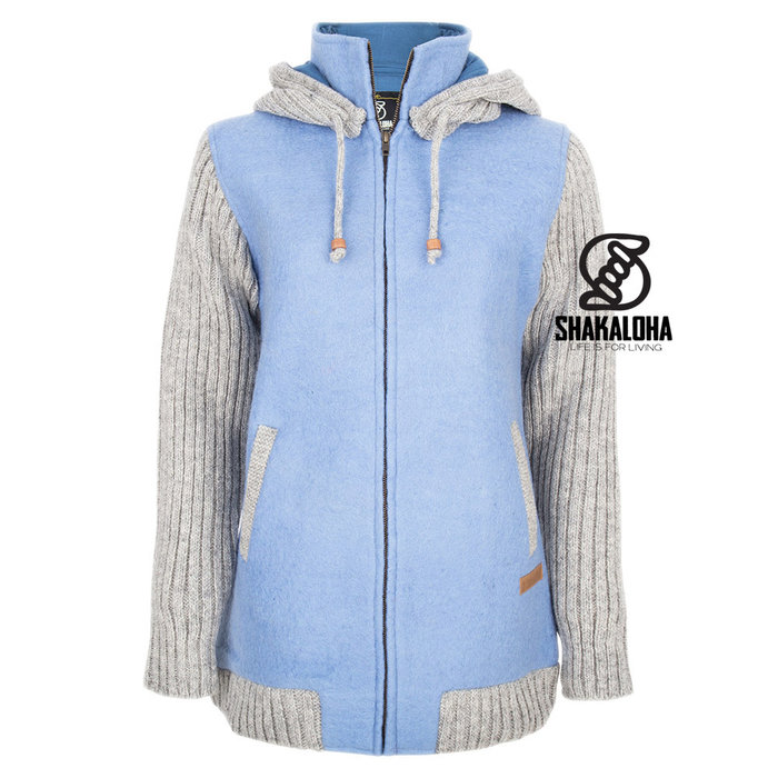 Shakaloha Shakaloha Veste en Laine Tricoté Baseball ZH Bleu clair avec Doublure en coton et Capuche détachable - Femmes - Fabriqué à la main au Népal en laine de mouton