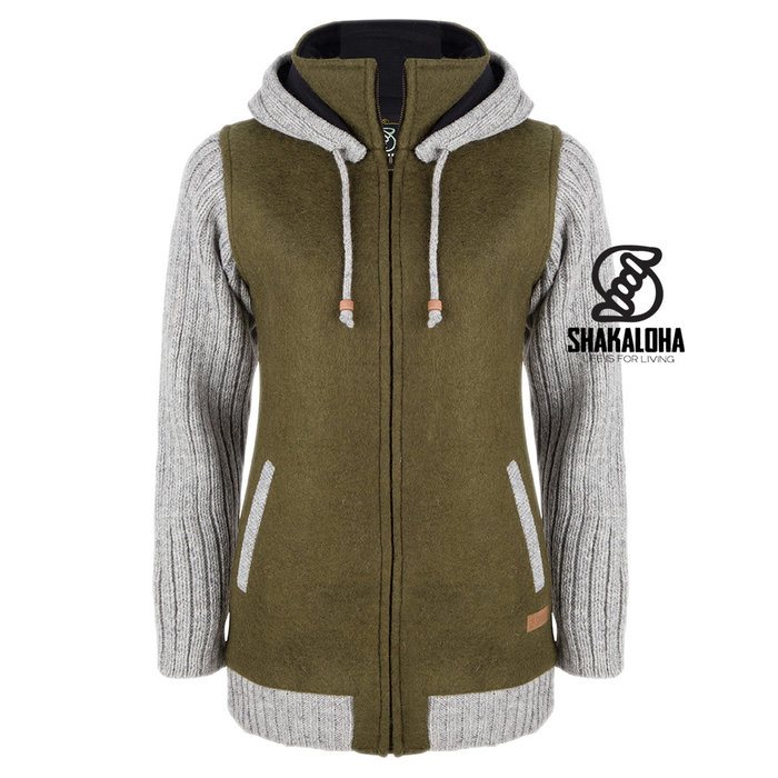 Shakaloha Shakaloha Knitted Woolen Jacket Baseball ZH with Cotton Lining and Detachable Hood - Woman - Handmade in Nepal from sheep's wool