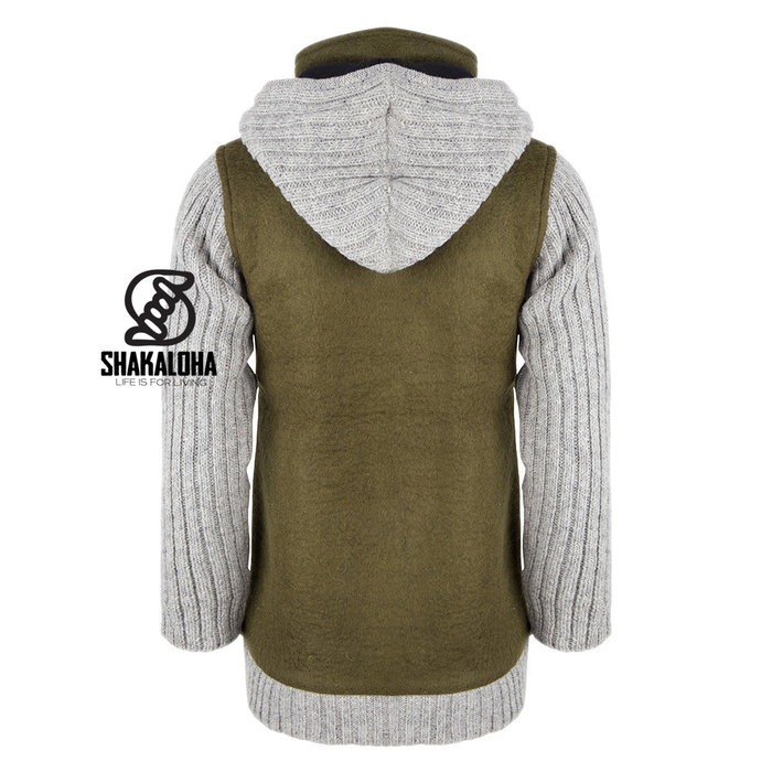 Shakaloha Shakaloha Veste en Laine Tricoté Baseball ZH Couleur olive avec Doublure en coton et Capuche détachable - Femmes - Fabriqué à la main au Népal en laine de mouton