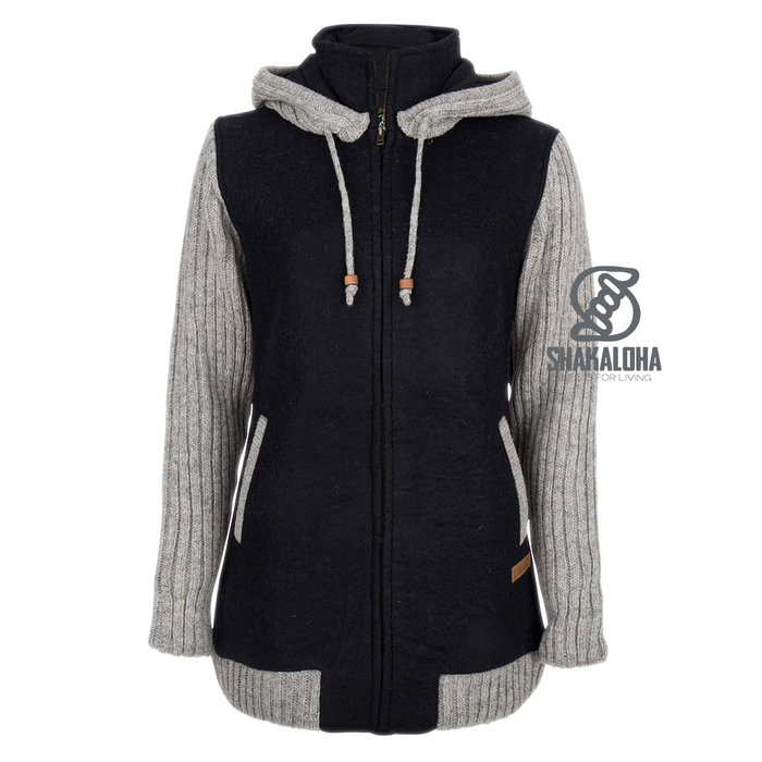 Shakaloha Shakaloha Gestrickte Wollweste Baseball ZH mit Baumwollfutter und abnehmbarer Kapuze – Damen – Handgefertigt in Nepal aus Schafwolle