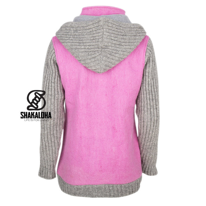 Shakaloha Shakaloha Gestrickte Wollweste Baseball ZH Pink mit Baumwollfutter und abnehmbarer Kapuze – Damen – Handgefertigt in Nepal aus Schafwolle