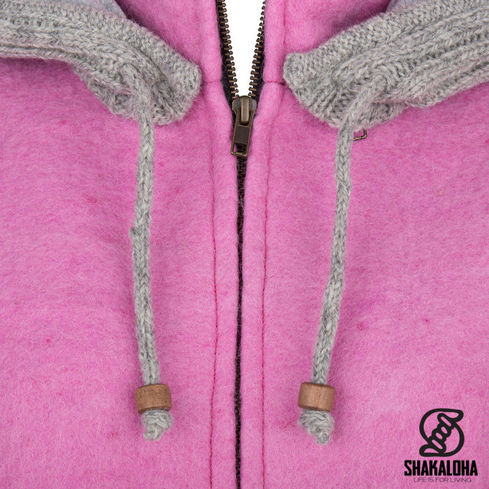 Shakaloha Shakaloha Veste en Laine Tricoté Baseball ZH Rose avec Doublure en coton et Capuche détachable - Femmes - Fabriqué à la main au Népal en laine de mouton