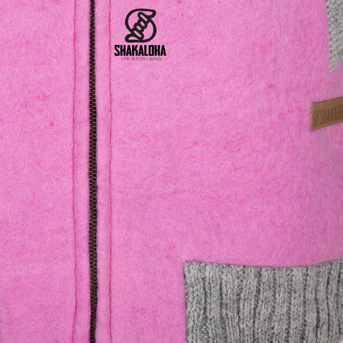Shakaloha Shakaloha Veste en Laine Tricoté Baseball ZH Rose avec Doublure en coton et Capuche détachable - Femmes - Fabriqué à la main au Népal en laine de mouton