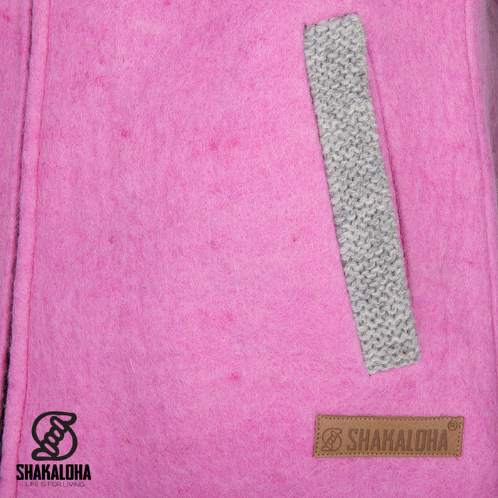 Shakaloha Chaleco de béisbol de lana de punto Shakaloha ZH rosa con forro de algodón y capucha desmontable - Mujer - Hecho a mano en Nepal con lana de oveja