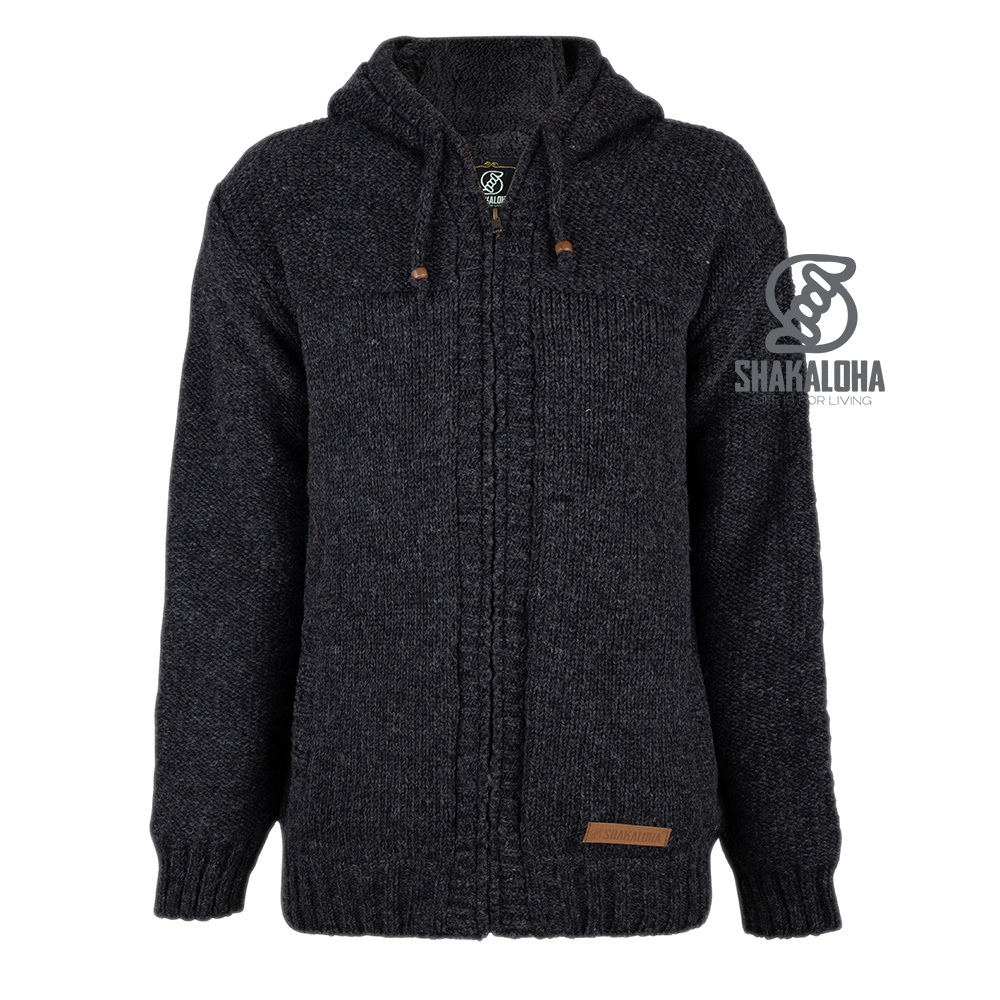 Shakaloha Shakaloha Strick-Wollweste Chamonix Anthrazit mit Teddyfleece-Futter und Kapuze – Herren/Uni – Handgefertigt in Nepal aus Schafwolle