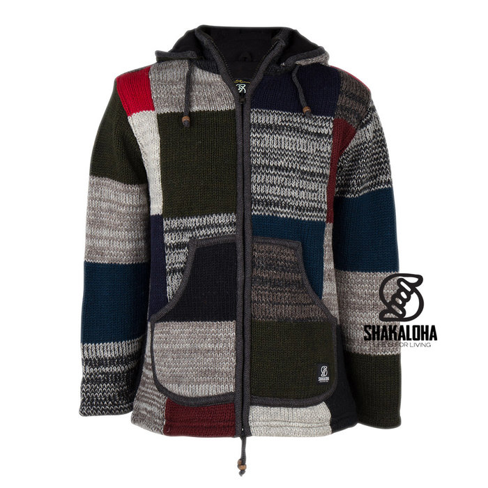 Shakaloha Shakaloha Knitted Woolen Jacket Patch ZH with Fleece Lining and Detachable Hood - Men - Unisex - Handmade in Nepal from sheep's wool