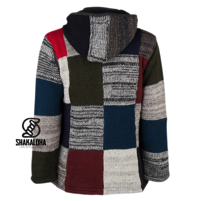 Shakaloha Chaleco de punto de lana Shakaloha con parche ZH, forro polar y capucha desmontable - Hombre/Unisex - Hecho a mano en Nepal con lana de oveja